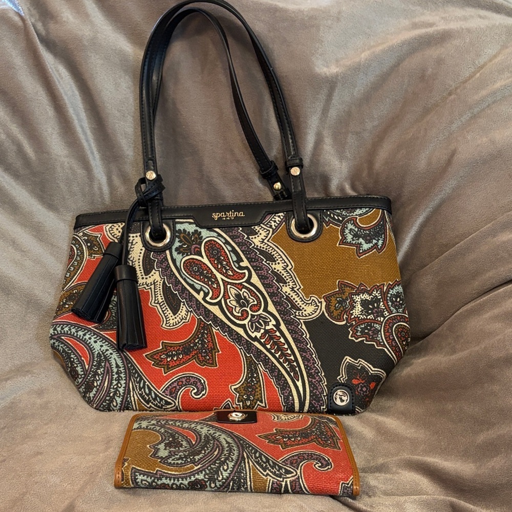 Spartina 449 Leather and Natural Linen Paisley Tote Handbag and Wallet Set